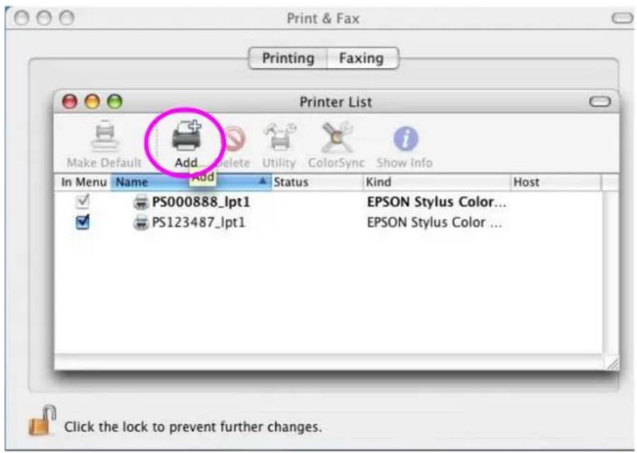 Print & Fax Printing Faxing Printer List Make Default Add Delete Utility ColorSync Show Info In Menu Name Add Status Kind Host ✓ PS000888_lpt1 EPSON Stylus Color... ✓ PS123487_lpt1 EPSON Stylus Color ... Click the lock to prevent further changes.