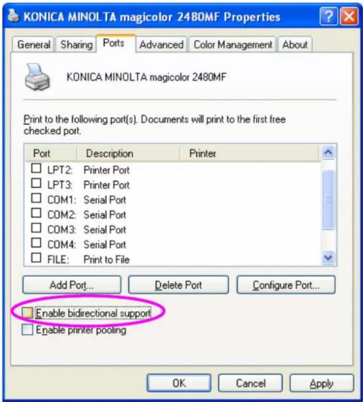 KONICA MINOLTA magicolor 2480MF Properties General Sharing Ports Advanced Color Management About KONICA MINOLTA magicolor 2480MF Print to the following port(s). Documents will print to the first free checked port. Port Description Printer □ LPT2: Printer Port □ LPT3: Printer Port □ COM1: Serial Port □ COM2: Serial Port □ COM3: Serial Port □ COM4: Serial Port □ FILE: Print to File Add Port... Delete Port Configure Port... □ Enable bidirectional support □ Enable printer pooling OK Cancel Apply