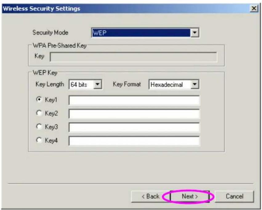 Wireless Security Settings Security Mode WEP WPA Pre-Shared Key Key WEP Key Key Length 64 bits Key Format Hexadecimal Key1 Key2 Key3 Key4 < Back Next > Cancel
