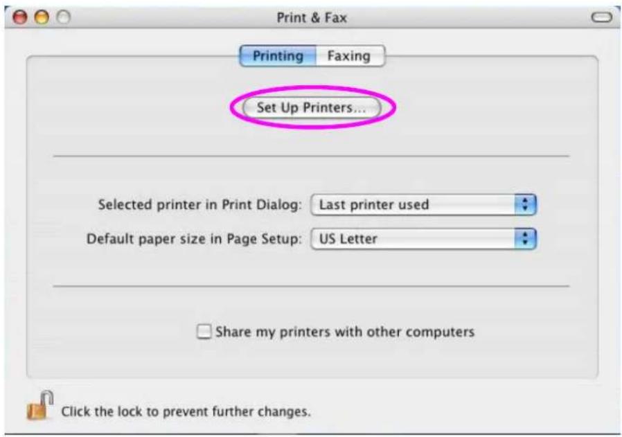 Print & Fax Printing Faxing Set Up Printers... Selected printer in Print Dialog: Last printer used Default paper size in Page Setup: US Letter Share my printers with other computers Click the lock to prevent further changes.