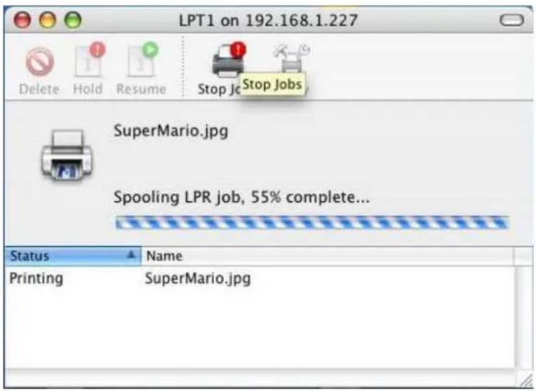LPT1 on 192.168.1.227 Delete Hold Resume Stop Jobs SuperMario.jpg Spooling LPR job, 55% complete... Status Name Printing SuperMario.jpg