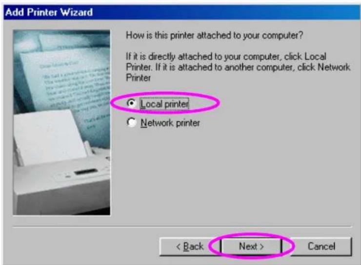 Add Printer Wizard How is this printer attached to your computer? If it is directly attached to your computer, click Local Printer. If it is attached to another computer, click Network Printer ● Local printer ○ Network printer < Back Next > Cancel