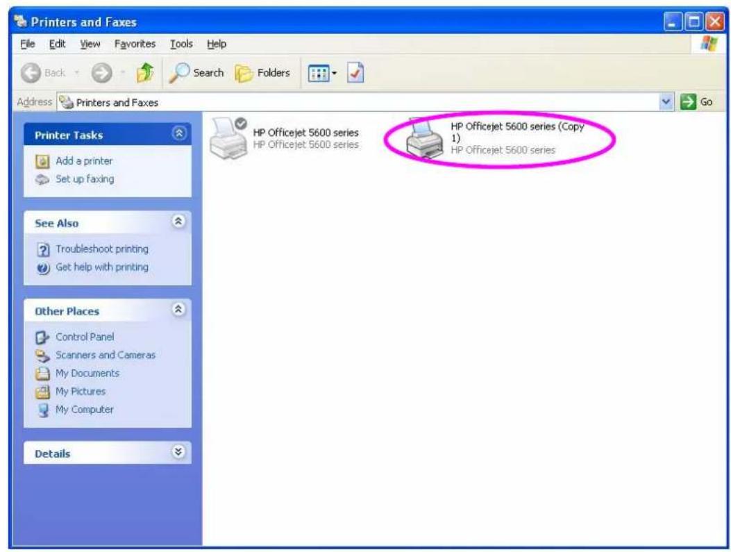 Printers and Faxes File Edit View Favorites Tools Help Back Search Folders Address Printers and Faxes Go Printer Tasks Add a printer Set up Faxing See Also Troubleshoot printing Get help with printing Other Places Control Panel Scanners and Cameras My Documents My Pictures My Computer Details HP Officejet 5600 series (Copy 1) HP Officejet 5600 series HP Officejet 5600 series