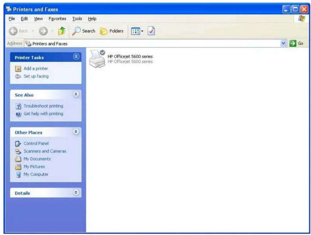 Printers and Faxes File Edit View Favorites Tools Help Back Search Folders Address Printers and Faxes Go Printer Tasks Add a printer Set up Faxing See Also Troubleshoot printing Get help with printing Other Places Control Panel Scanners and Cameras My Documents My Pictures My Computer Details HP Officejet 5600 series HP Officejet 5600 series: