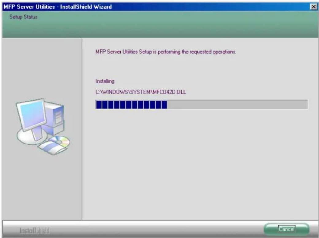 MFP Server Utilities - InstallShield Wizard Setup Status MFP Server Utilities Setup is performing the requested operations. Installing C:\WINDOWS\SYSTEM\MFC042D.DLL InstallShield Cancel