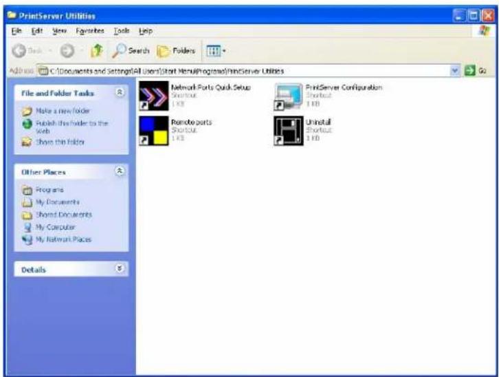 PrintServer Utilities File Edit View Favorites Tools Help Search Folders Address C:\Documents and Settings\All Users\Start Menu\Programs\HindServer Utilities File and Folder Tasks Make a new folder Publish this folder to the Web Show this folder Other Places Programs My Documents Shared Documents My Computer My Network Places Details Network Ports Quick Setup Shortout 1 KB Remote ports Shortout 1 KB PrintServer Configuration Shortout 1 KB Uninstall Shortout 1 KB
