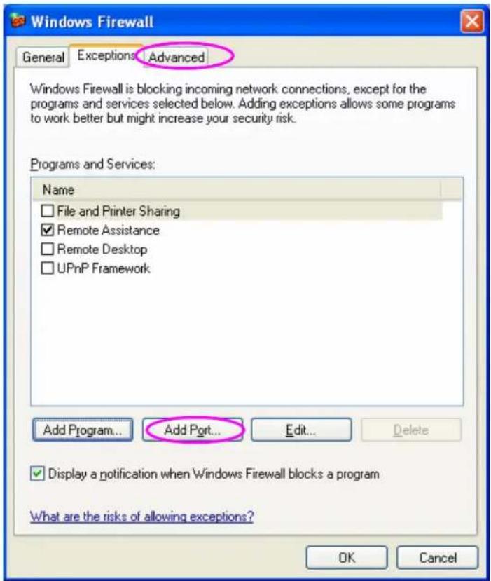 Windows Firewall General Exceptions Advanced Windows Firewall is blocking incoming network connections, except for the programs and services selected below. Adding exceptions allows some programs to work better but might increase your security risk. Programs and Services: Name □ File and Printer Sharing ✓ Remote Assistance □ Remote Desktop □ UPnP Framework Add Program... Add Port... Edit... Delete ✓ Display a notification when Windows Firewall blocks a program What are the risks of allowing exceptions? OK Cancel