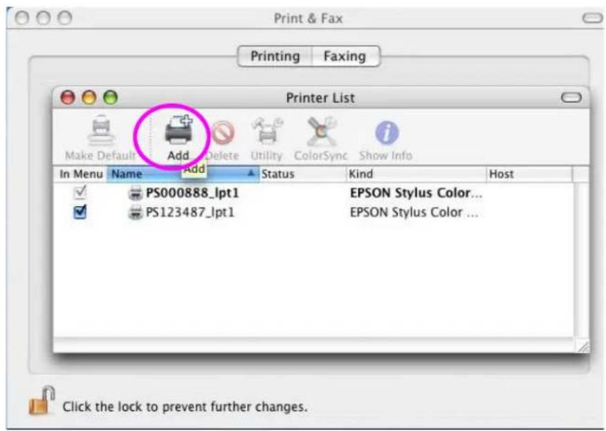 Print & Fax Printing Faxing Printer List Make Default Add Delete Utility ColorSync Show Info In Menu Name Add Status Kind Host ✓ PS000888_lpt1 EPSON Stylus Color... ✓ PS123487_lpt1 EPSON Stylus Color ... Click the lock to prevent further changes.