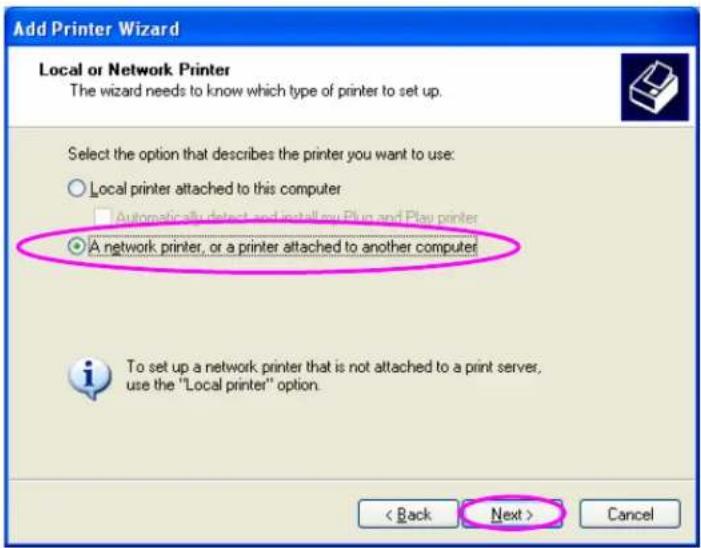 Add Printer Wizard Local or Network Printer The wizard needs to know which type of printer to set up. Select the option that describes the printer you want to use: ○ Local printer attached to this computer □ Automatically select and install any Plug and Play printer ● A network printer, or a printer attached to another computer To set up a network printer that is not attached to a print server, use the "Local printer" option. < Back Next > Cancel