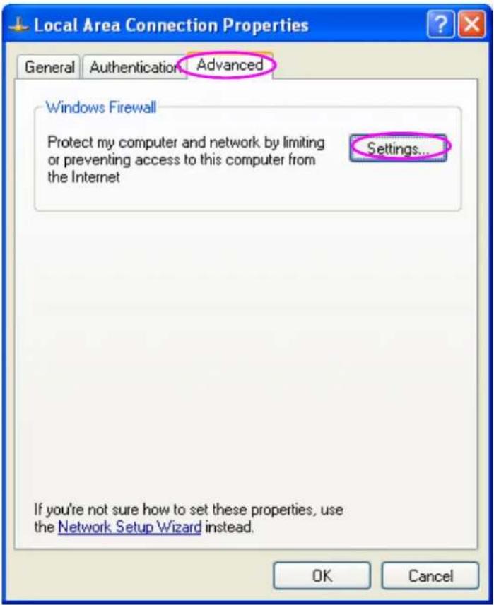 Local Area Connection Properties General Authentication Advanced Windows Firewall Protect my computer and network by limiting or preventing access to this computer from the Internet Settings... If you're not sure how to set these properties, use the Network Setup Wizard instead. OK Cancel