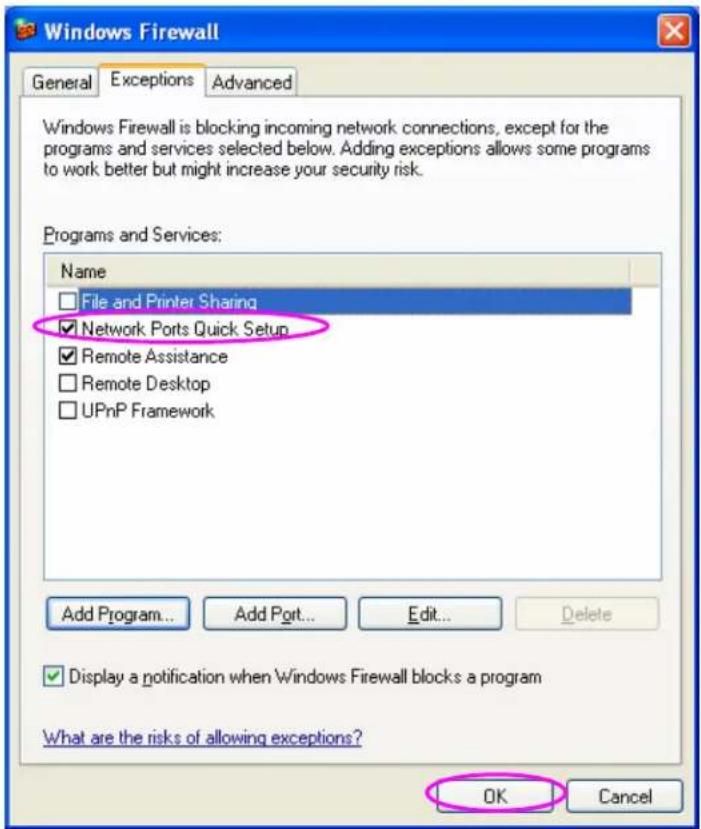 Windows Firewall General Exceptions Advanced Windows Firewall is blocking incoming network connections, except for the programs and services selected below. Adding exceptions allows some programs to work better but might increase your security risk. Programs and Services: Name □ File and Printer Sharing ✓ Network Ports Quick Setup ✓ Remote Assistance □ Remote Desktop □ UPnP Framework Add Program... Add Port... Edit... Delete ✓ Display a notification when Windows Firewall blocks a program What are the risks of allowing exceptions? OK Cancel