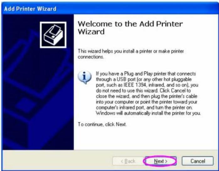 Add Printer Wizard Welcome to the Add Printer Wizard This wizard helps you install a printer or make printer connections. If you have a Plug and Play printer that connects through a USB port (or any other hot pluggable port, such as IEEE 1394, infrared, and so on), you do not need to use this wizard. Click Cancel to close the wizard, and then plug the printer's cable into your computer or point the printer toward your computer's infrared port, and turn the printer on. Windows will automatically install the printer for you. To continue, click Next. < Back Next > Cancel