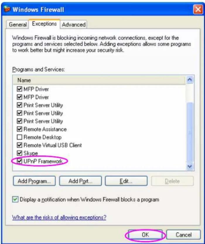 Windows Firewall General Exceptions Advanced Windows Firewall is blocking incoming network connections, except for the programs and services selected below. Adding exceptions allows some programs to work better but might increase your security risk. Programs and Services: Name ✓ MFP Driver ✓ MFP Driver ✓ Print Server Utility ✓ Print Server Utility ✓ Print Server Utility ✓ Remote Assistance □ Remote Desktop ✓ Remote Virtual USB Client ✓ Skype ✓ UPnP Framework Add Program... Add Port... Edit... Delete ✓ Display a notification when Windows Firewall blocks a program What are the risks of allowing exceptions? OK Cancel