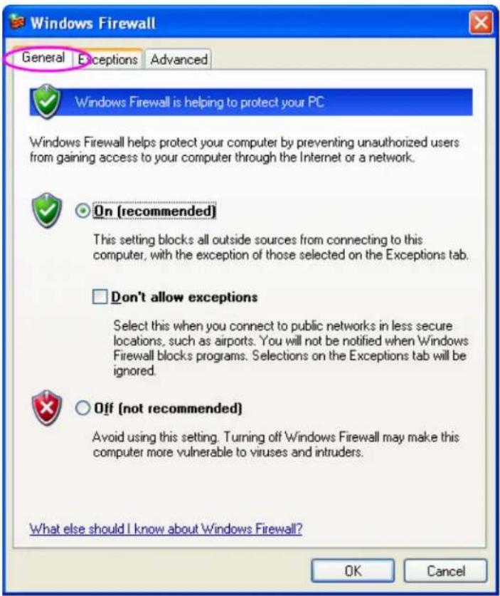 Windows Firewall General Exceptions Advanced Windows Firewall is helping to protect your PC Windows Firewall helps protect your computer by preventing unauthorized users from gaining access to your computer through the Internet or a network. On (recommended) This setting blocks all outside sources from connecting to this computer, with the exception of those selected on the Exceptions tab. Don't allow exceptions Select this when you connect to public networks in less secure locations, such as airports. You will not be notified when Windows Firewall blocks programs. Selections on the Exceptions tab will be ignored. Off (not recommended) Avoid using this setting. Turning off Windows Firewall may make this computer more vulnerable to viruses and intruders. What else should I know about Windows Firewall? OK Cancel