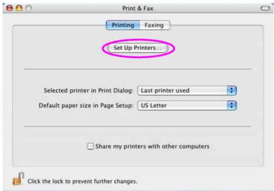 Print & Fax Printing Faxing Set Up Printers... Selected printer in Print Dialog: Last printer used Default paper size in Page Setup: US Letter Share my printers with other computers Click the lock to prevent further changes.