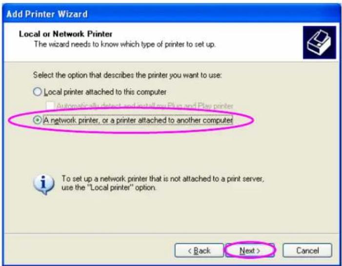 Add Printer Wizard Local or Network Printer The wizard needs to know which type of printer to set up. Select the option that describes the printer you want to use: ○ Local printer attached to this computer □ Automatically detect and install your Play and Play printer ● A network printer, or a printer attached to another computer To set up a network printer that is not attached to a print server, use the "Local printer" option. < Back Next > Cancel