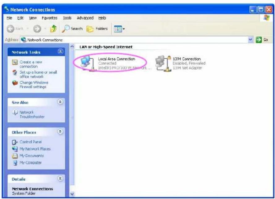 Network Connections File Edit View Favorites Tools Advanced Help Back Search Folders Address Network Connections Network Tasks Create a new connection Set up a home or small office network Change Windows Firewall settings See Also Network Troubleshooter Other Places Control Panel My Network Places My Documents My Computer Details Network Connections System Folder LAN or High-Speed Internet Local Area Connection Connected Intel(R) PRO/100 VS NETWORK ... 1394 Connection Disabled, Firevaled 1394 Net Adapter