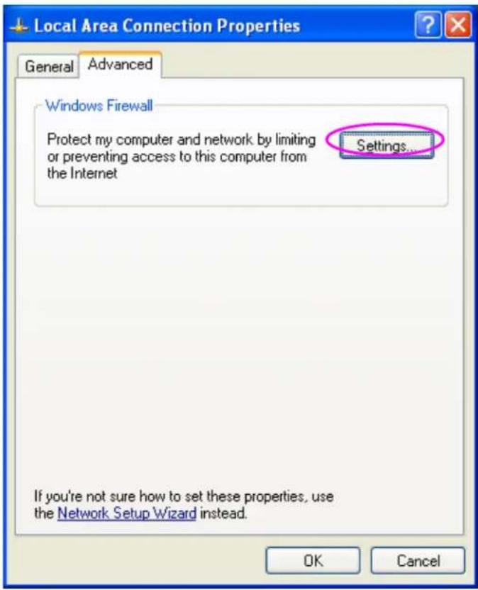 Local Area Connection Properties General Advanced Windows Firewall Protect my computer and network by limiting or preventing access to this computer from the Internet Settings... If you're not sure how to set these properties, use the Network Setup Wizard instead. OK Cancel
