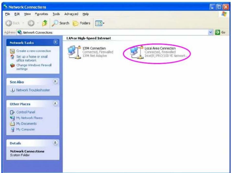 Network Connections File Edit View Favorites Tools Advanced Help Back Search Folders Address Network Connections LAN or High-Speed Internet 1394 Connection Connected, Firewalled 1394 Net Adapter Local Area Connection Connected, Firewalled Intel(R) PRO/100 YE Network .