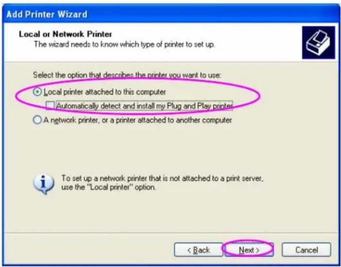 Add Printer Wizard Local or Network Printer The wizard needs to know which type of printer to set up. Select the option that describes the printer you want to use: ○ Local printer attached to this computer □ Automatically detect and install my Plug and Play printers ○ A network printer, or a printer attached to another computer To set up a network printer that is not attached to a print server, use the "Local printer" option. < Back Next > Cancel