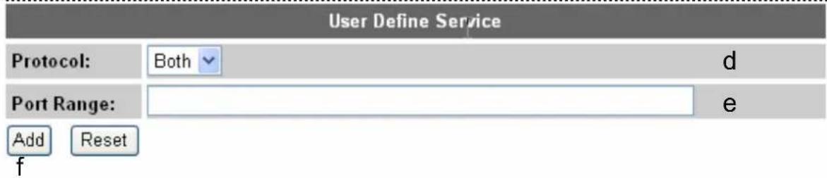 User Define Service Protocol: Both d Port Range: e Add Reset f