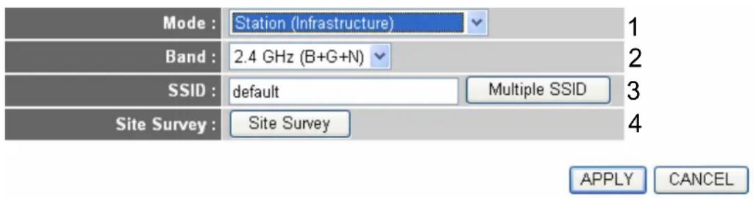 Mode : Station (Infrastructure) Band : 2.4 GHz (B+G+N) SSID : default Multiple SSID Site Survey : Site Survey APPLY CANCEL