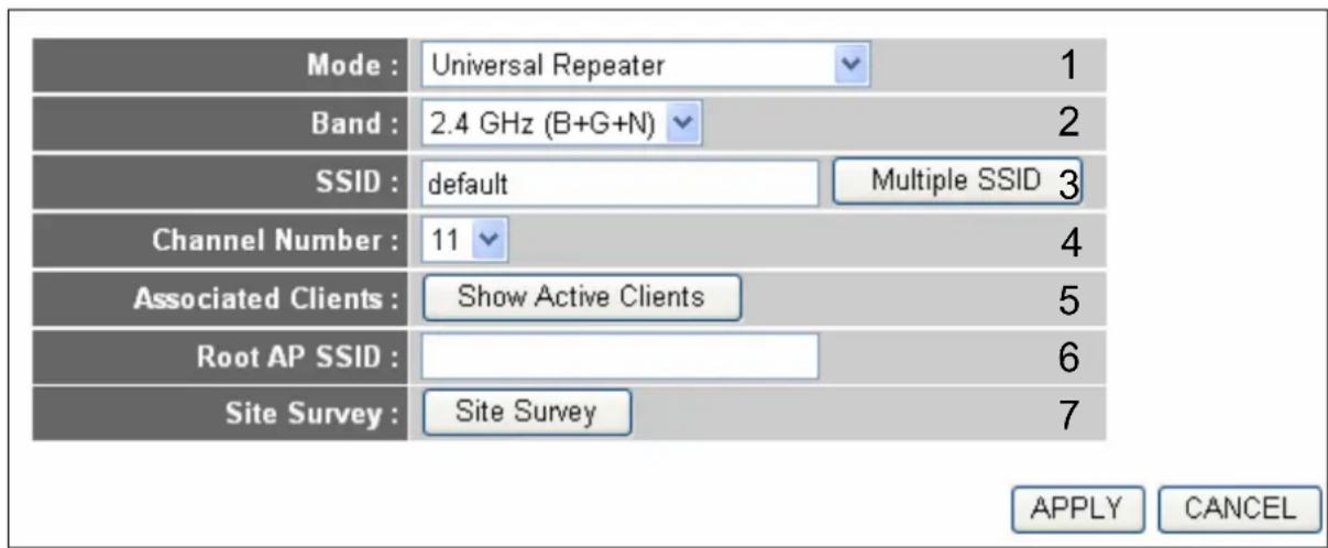 Mode : Universal Repeater 1 Band : 2.4 GHz (B+G+N) 2 SSID : default Multiple SSID 3 Channel Number : 11 4 Associated Clients : Show Active Clients 5 Root AP SSID : Site Survey : Site Survey 7 APPLY CANCEL