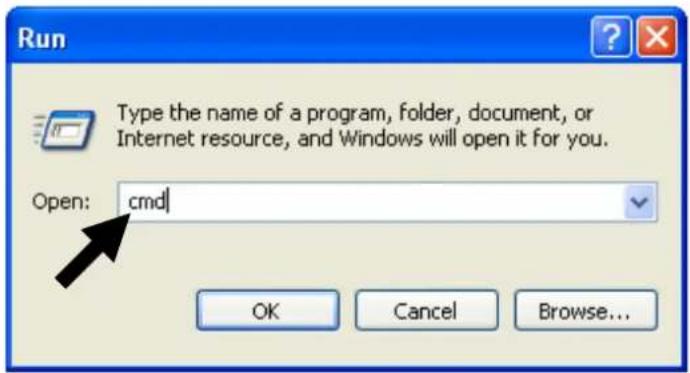 Run Type the name of a program, folder, document, or Internet resource, and Windows will open it for you. Open: cmd OK Cancel Browse...
