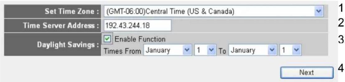 Set Time Zone : (GMT-06:00)Central Time (US & Canada) Time Server Address : 192.43.244.18 Daylight Savings : Enable Function Times From January 1 To January 1 Next