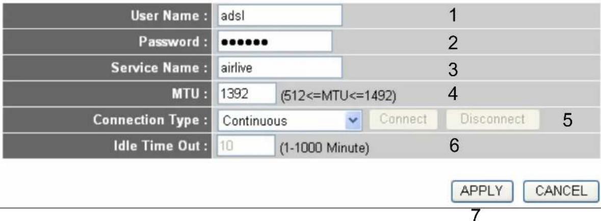 User Name : adsl Password : ••••••• Service Name : airlive MTU : 1392 (512<=MTU<=1492) Connection Type : Continuous Connect Disconnect 5 Idle Time Out : 10 (1-1000 Minute) 6 APPLY CANCEL 7
