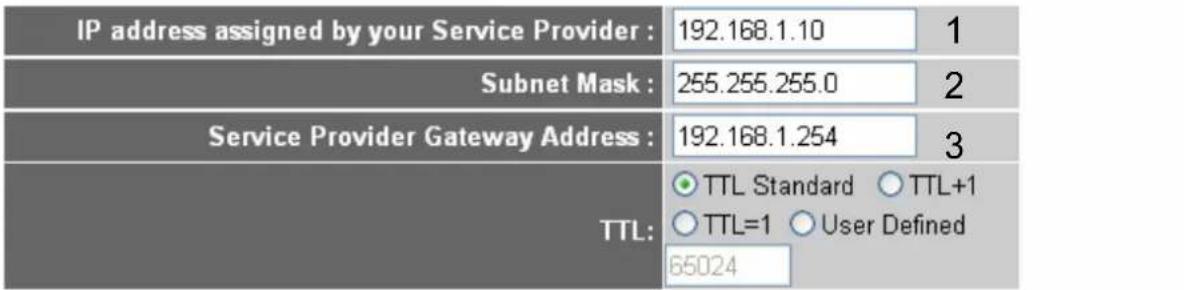 IP address assigned by your Service Provider : 192.168.1.10 1 Subnet Mask : 255.255.255.0 2 Service Provider Gateway Address : 192.168.1.254 3 TTL: ○ TTL Standard ○ TTL+1 ○ TTL=1 ○ User Defined 65024