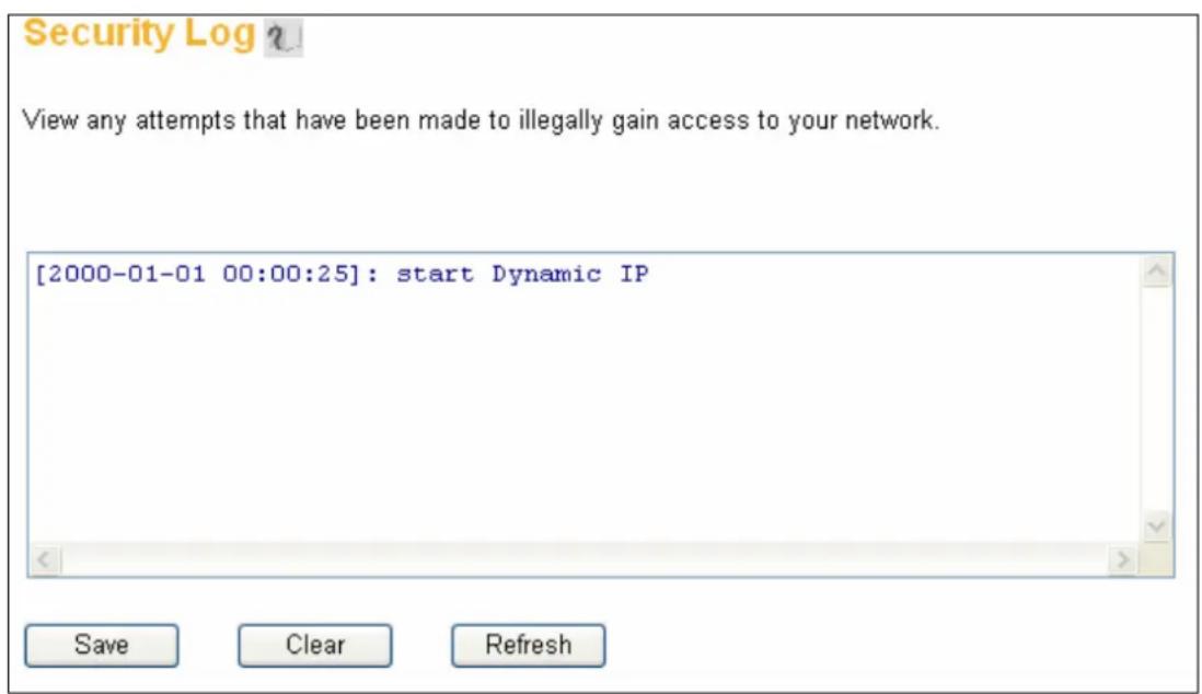 Security Log ? View any attempts that have been made to illegally gain access to your network. [2000-01-01 00:00:25]: start Dynamic IP Save Clear Refresh