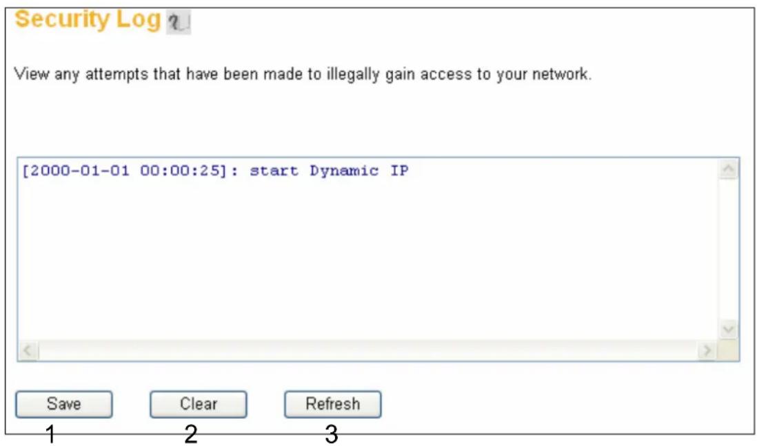 Security Log ? View any attempts that have been made to illegally gain access to your network. [2000-01-01 00:00:25]: start Dynamic IP Save Clear Refresh 1 2 3