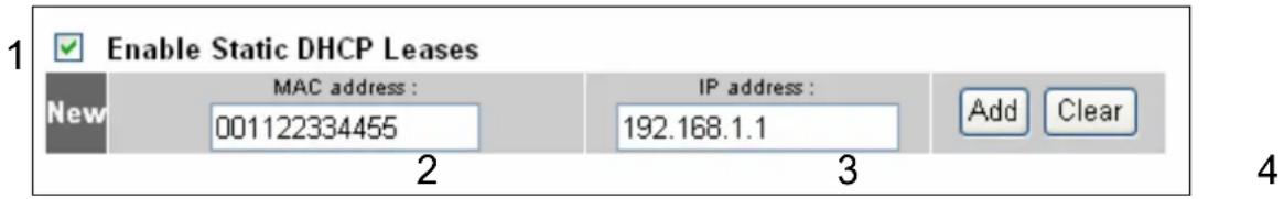 Enable Static DHCP Leases New MAC address : 001122334455 IP address : 192.168.1.1 Add Clear 2 3 4