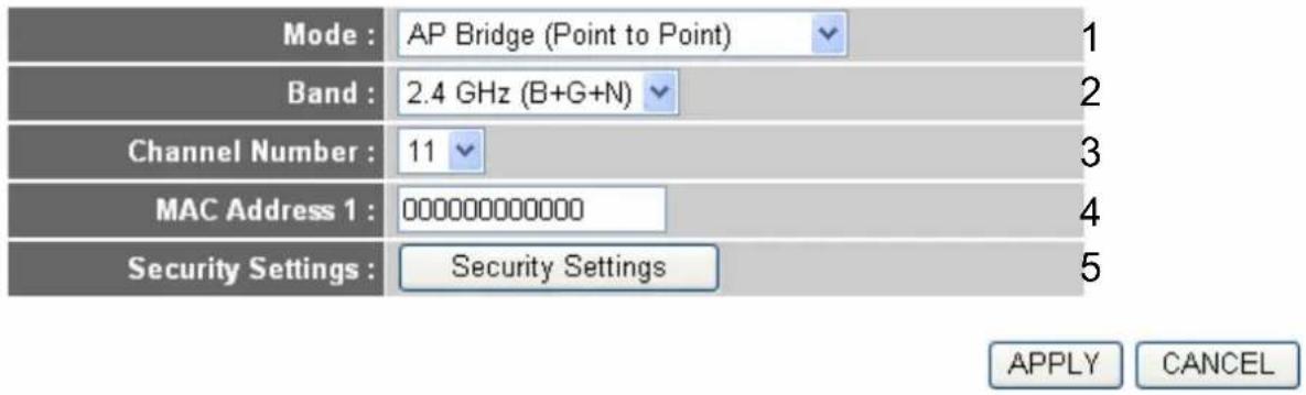 Mode : AP Bridge (Point to Point) 1 Band : 2.4 GHz (B+G+N) 2 Channel Number : 11 3 MAC Address 1 : 000000000000 4 Security Settings : Security Settings 5 APPLY CANCEL