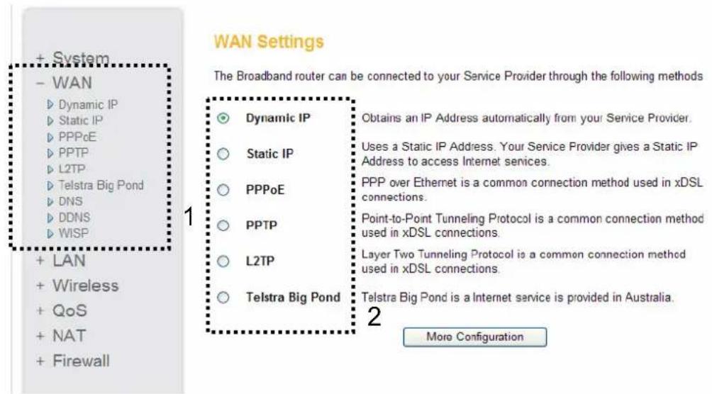 + System - WAN Dynamic IP Static IP PPPcE PPTP L2TP Telstra Big Pond DNS DDNS WISP + LAN + Wireless + QoS + NAT + Firewall WAN Settings The Broadband router can be connected to your Service Provider through the following methods Dynamic IP Static IP PPPcE PPTP L2TP Telstra Big Pond Obtains an IP Address automatically from your Service Provider. Uses a Static IP Address. Your Service Provider gives a Static IP Address to access Internet services. PPP over Ethernet is a common connection method used in xDSL connections. Point-to-Point Tunneling Protocol is a common connection method used in xDSL connections. Layer Two Tunneling Protocol is a common connection method used in xDSL connections. Telstra Big Pond is a Internet service is provided in Australia. More Configuration