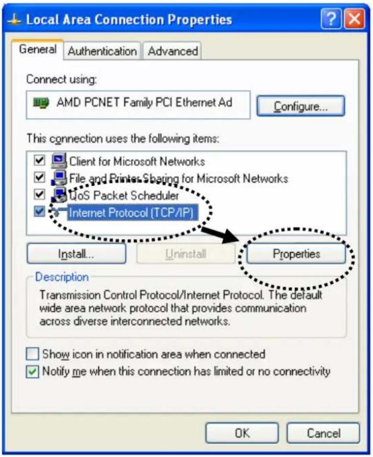 Local Area Connection Properties General Authentication Advanced Connect using: AMD PCNET Family PCI Ethernet Ad Configure... This connection uses the following items: ✓ Client for Microsoft Networks ✓ File and Printer Sharing for Microsoft Networks ✓ UoS Packet Scheduler ✓ Internet Protocol (TCP/IP) Install... Uninstall Properties Description Transmission Control Protocol/Internet Protocol. The default wide area network protocol that provides communication across diverse interconnected networks. Show icon in notification area when connected ✓ Notify me when this connection has limited or no connectivity OK Cancel