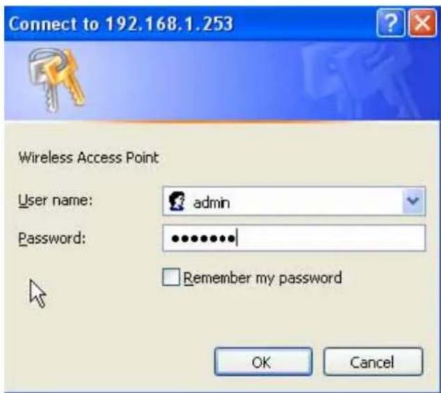 Connect to 192.168.1.253 Wireless Access Point User name: admin Password: ******** Remember my password OK Cancel