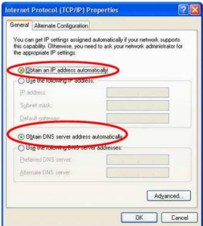 Internet Protocol (TCP/IP) Properties General Alternate Configuration You can get IP settings assigned automatically if your network supports this capability. Otherwise, you need to ask your network administrator for the appropriate IP settings. Obtain an IP address automatically Use the following IP address: IP address: Subnet mask: Default gateway: Obtain DNS server address automatically Use the following DNS server addresses: Preferred DNS server: Alternate DNS server: Advanced... OK Cancel