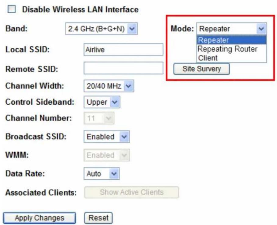 Disable Wireless LAN Interface Band: 2.4 GHz (B+G+N) Local SSID: Airlive Remote SSID: Channel Width: 20/40 MHz Control Sideband: Upper Channel Number: 11 Broadcast SSID: Enabled WMM: Enabled Data Rate: Auto Associated Clients: Show Active Clients Apply Changes Reset Mode: Repeater Repeater Repeating Router Client Site Survey