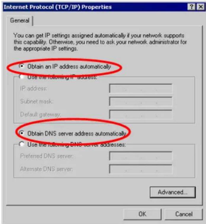 Internet Protocol (TCP/IP) Properties General You can get IP settings assigned automatically if your network supports this capability. Otherwise, you need to ask your network administrator for the appropriate IP settings. Obtain an IP address automatically Use the following IP address: IP address: Subnet mask: Default gateway: Obtain DNS server address automatically Use the following DNS server addresses: Preferred DNS server: Alternate DNS server: Advanced... OK Cancel