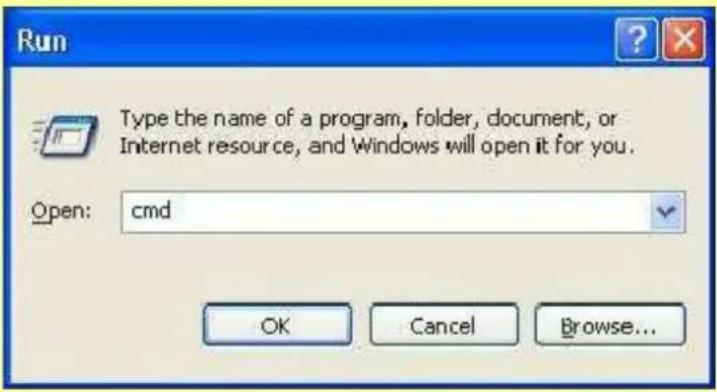 Run Type the name of a program, folder, document, or Internet resource, and Windows will open it for you. Open: cmd OK Cancel Browse...