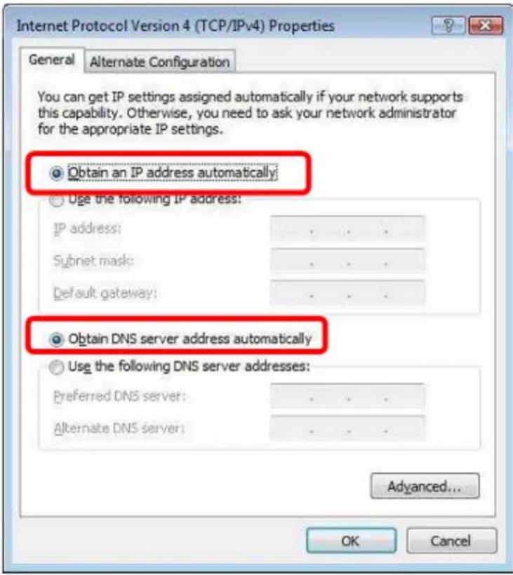Internet Protocol Version 4 (TCP/IPv4) Properties General Alternate Configuration You can get IP settings assigned automatically if your network supports this capability. Otherwise, you need to ask your network administrator for the appropriate IP settings. Obtain an IP address automatically Use the following IP address: IP address: ... Subnet mask: ... Default gateway: ... Obtain DNS server address automatically Use the following DNS server addresses: Preferred DNS server: ... Alternate DNS server: ... Advanced... OK Cancel