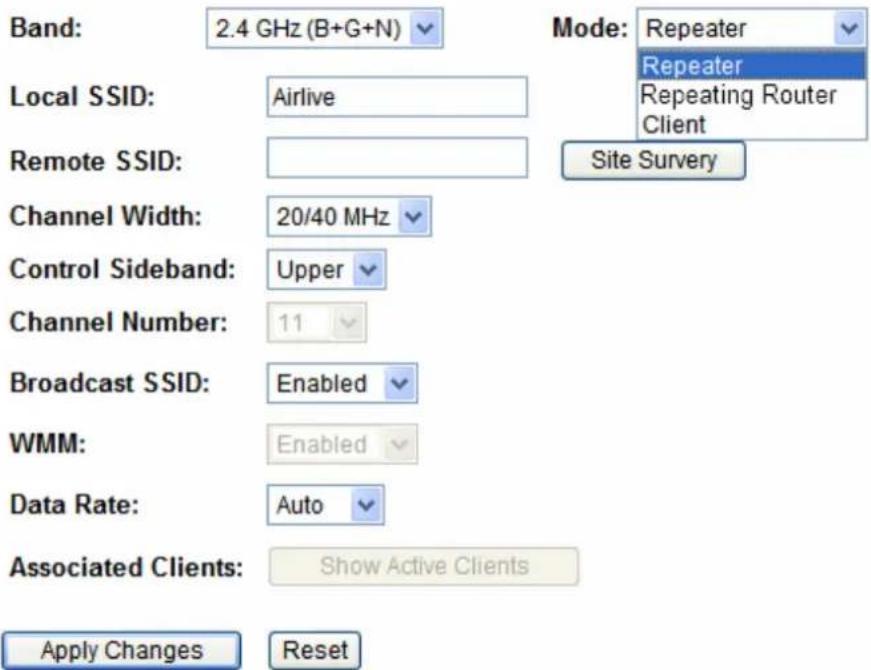 Band: 2.4 GHz (B+G+N) Local SSID: Airlive Remote SSID: Channel Width: 20/40 MHz Control Sideband: Upper Channel Number: 11 Broadcast SSID: Enabled WMM: Enabled Data Rate: Auto Associated Clients: Show Active Clients Apply Changes Reset Mode: Repeater Repeater Repeating Router Client Site Survey