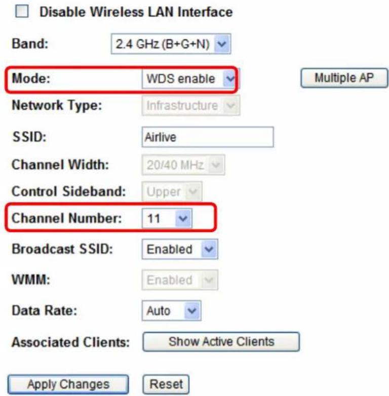 Disable Wireless LAN Interface Band: 2.4 GHz (B+G+N) Mode: WDS enable Network Type: Infrastructure SSID: Airlive Channel Width: 20/40 MHz Control Sideband: Upper Channel Number: 11 Broadcast SSID: Enabled WMM: Enabled Data Rate: Auto Associated Clients: Show Active Clients Apply Changes Reset Multiple AP