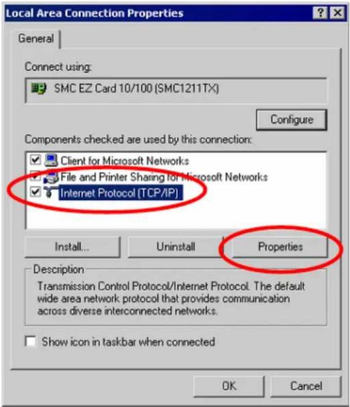 Local Area Connection Properties General Connect using: SMC EZ Card 10/100 (SMC1211TX) Configure Components checked are used by this connection: Client for Microsoft Networks File and Printer Sharing for Microsoft Networks Internet Protocol [TCP/IP] Install... Uninstall Properties Description Transmission Control Protocol/Internet Protocol. The default wide area network protocol that provides communication across diverse interconnected networks. Show icon in taskbar when connected OK Cancel