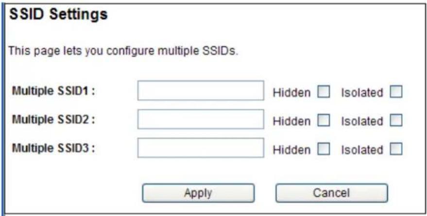SSID Settings This page lets you configure multiple SSIDs. Multiple SSID1 : Hidden □ Isolated □ Multiple SSID2 : Hidden □ Isolated □ Multiple SSID3 : Hidden □ Isolated □ Apply Cancel