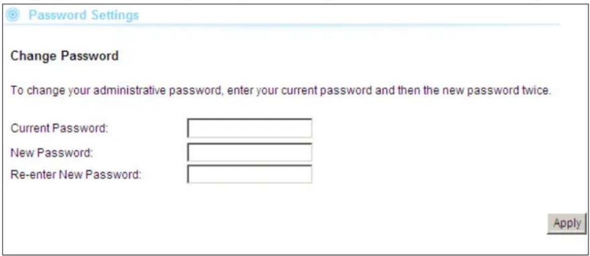 Password Settings Change Password To change your administrative password, enter your current password and then the new password twice. Current Password: New Password: Re-enter New Password: Apply