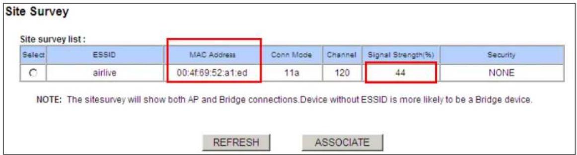 Site Survey Site survey list : Select ESSID MAC Address Conn Mode Channel Signal Strength(%) Security C airlive 00:4f:69:52:a1:ed 11a 120 44 NONE NOTE: The sitesurvey will show both AP and Bridge connections.Device without ESSID is more likely to be a Bridge device. REFRESH ASSOCIATE