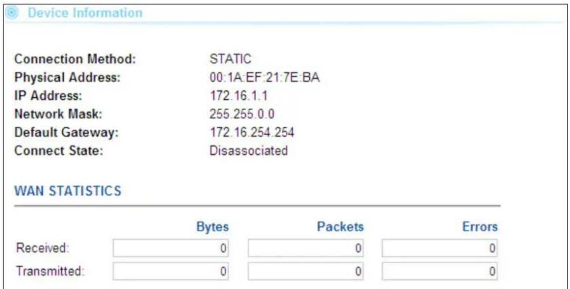 Device Information Connection Method: STATIC Physical Address: 00:1A:EF:21:7E BA IP Address: 172.16.1.1 Network Mask: 255.255.0.0 Default Gateway: 172.16.254.254 Connect State: Disassociated WAN STATISTICS Received: Bytes Packets Errors Received: 0 0 0 Transmitted: 0 0 0